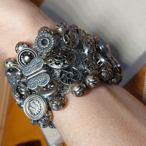 Vintage Artisan Silver Tone Button Charm Bracelet Statement Boho - Picture 2 of 8